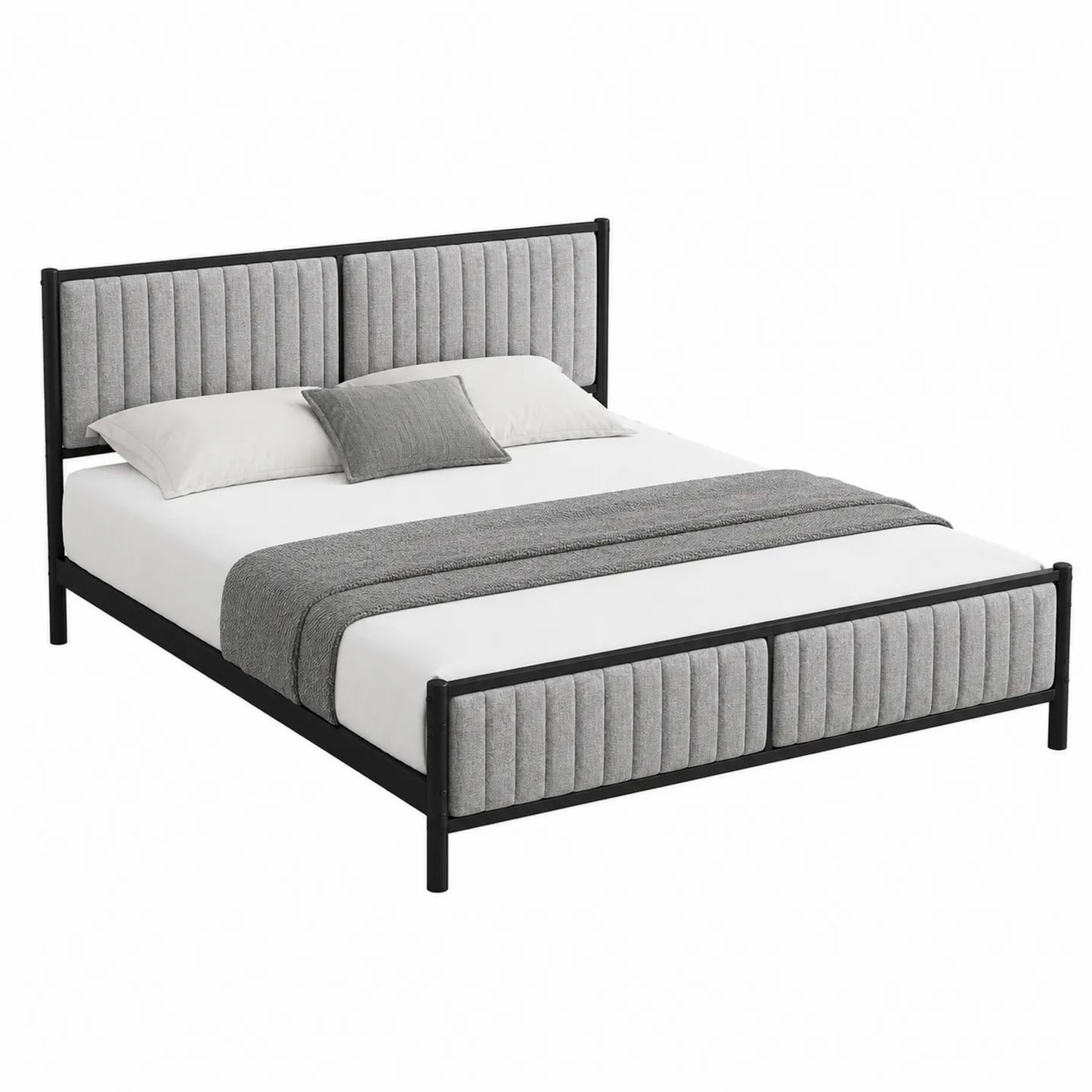Lit double en métal avec tête de lit en tissu gris et noir 200x160 cm