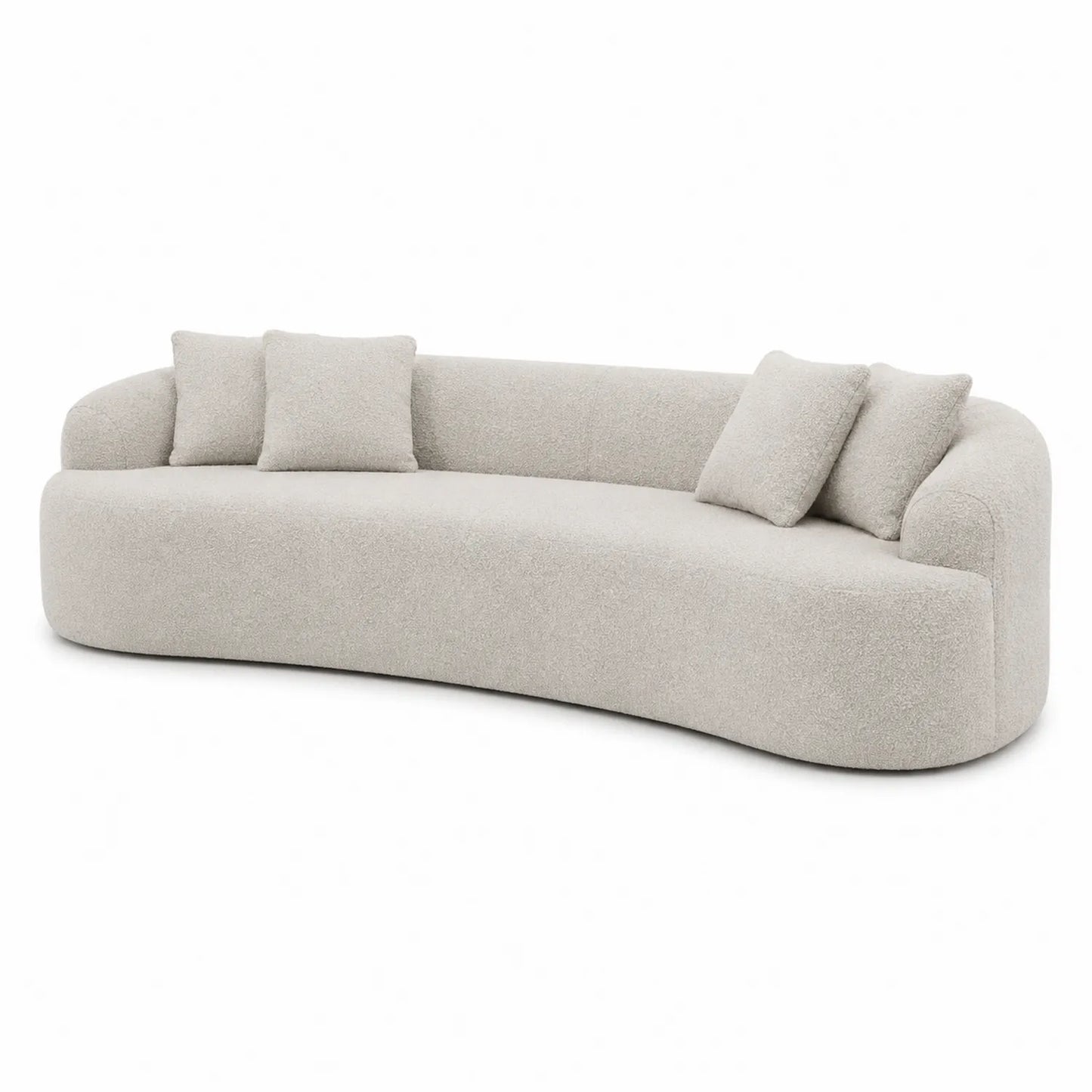 Canapé courbé en tissu bouclé beige avec coussins