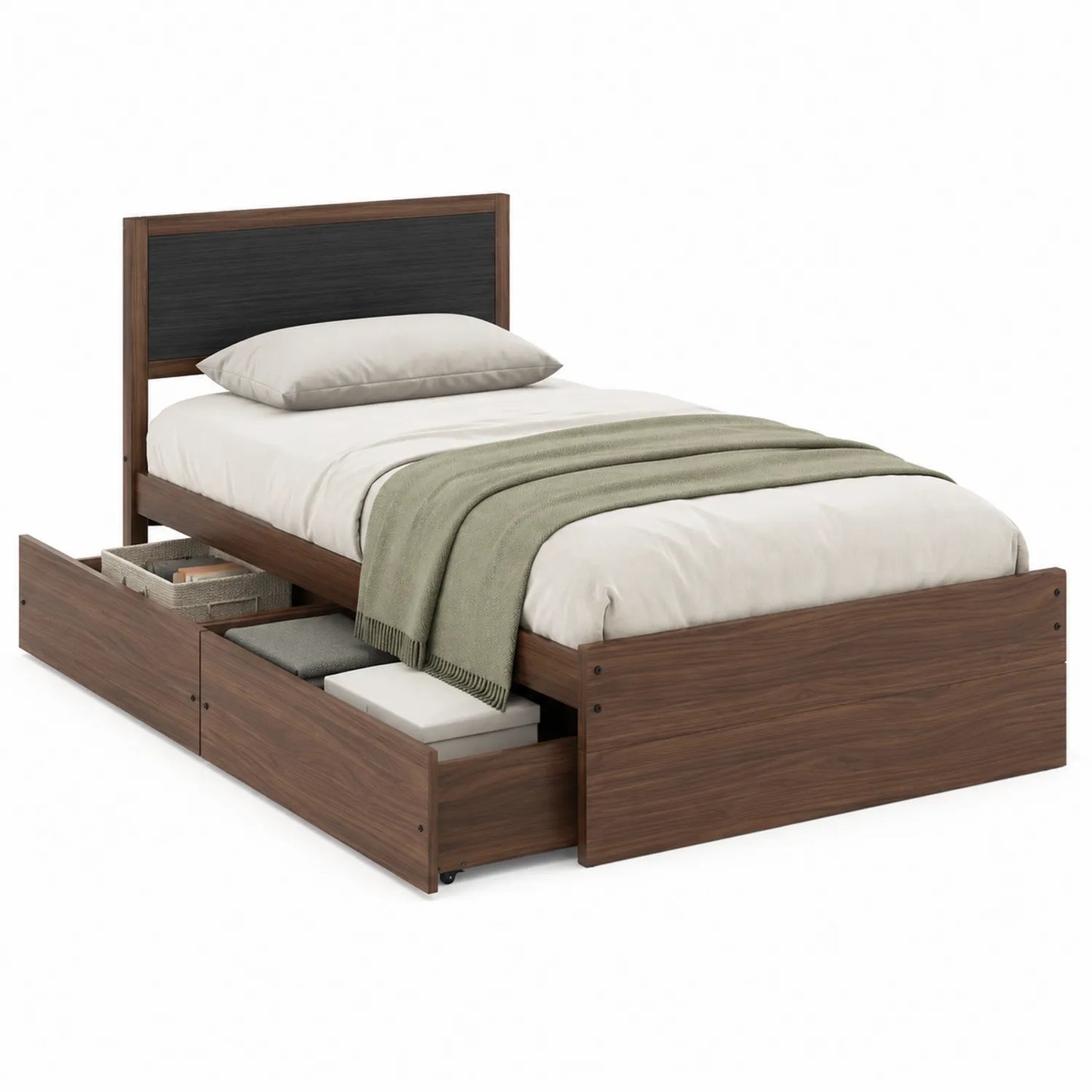 Lit simple en bois avec tiroirs de rangement noyer/noir