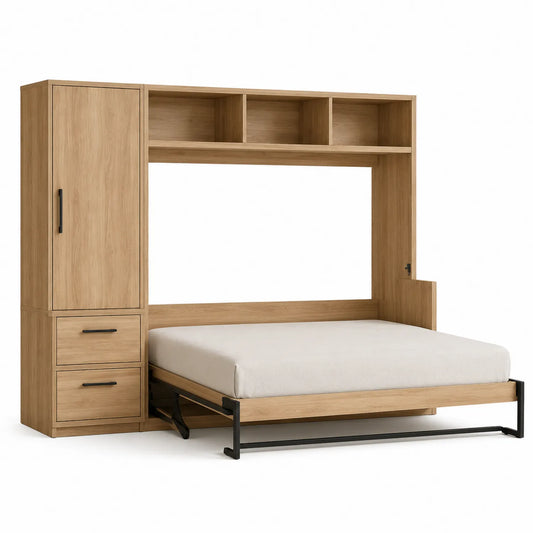 Lit escamotable en bois avec rangement et étagères