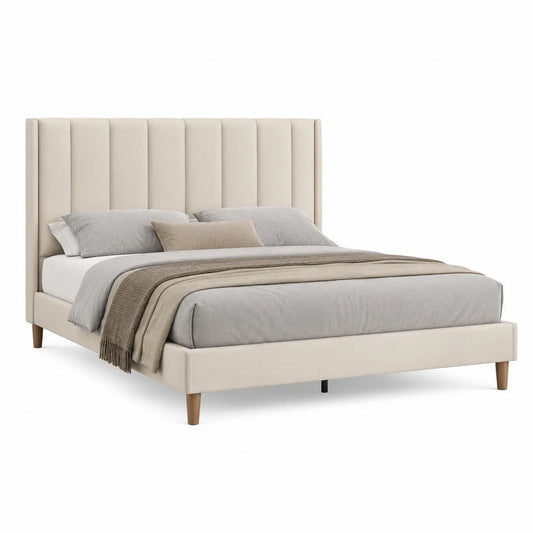 Lit double en bois avec revêtement en polyester beige 200x160 cm