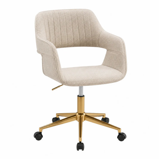 Chaise de bureau pivotante en tissu polyester beige avec piètement doré