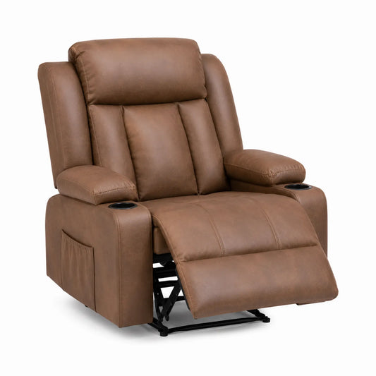 Fauteuil inclinable en similicuir marron avec porte-gobelets