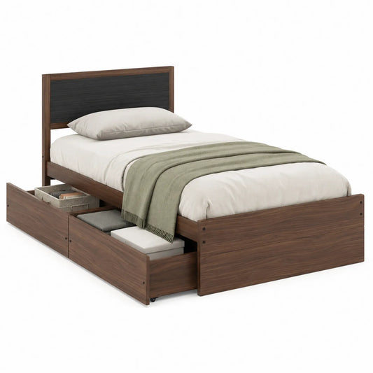 Lit simple en bois avec tiroirs de rangement noyer/noir