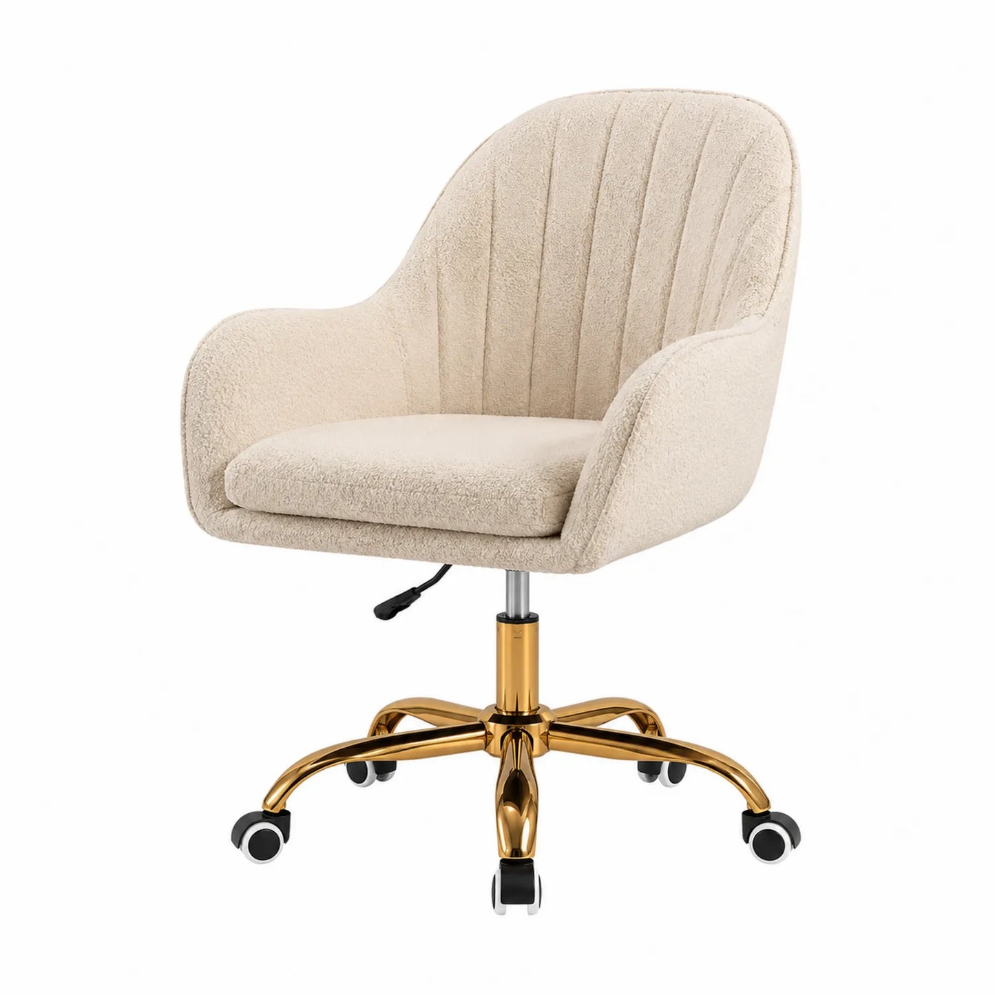 Chaise de bureau pivotante en tissu bouclé beige avec base en métal doré