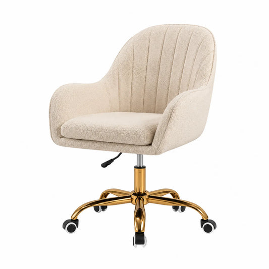 Chaise de bureau pivotante en tissu bouclé beige avec base en métal doré