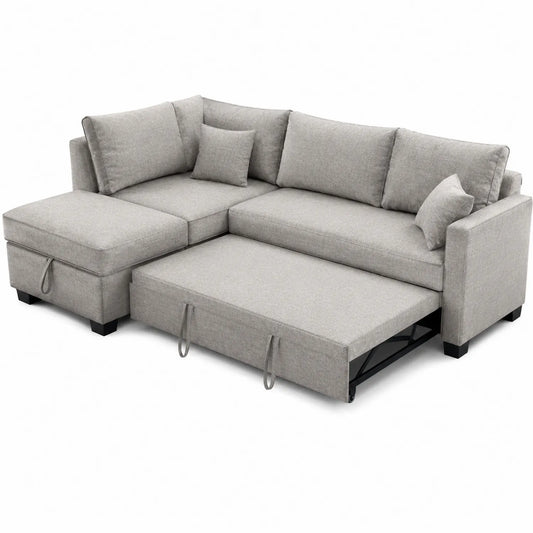 Canapé d'angle convertible gris en tissu avec méridienne et rangement 260x160x85 cm