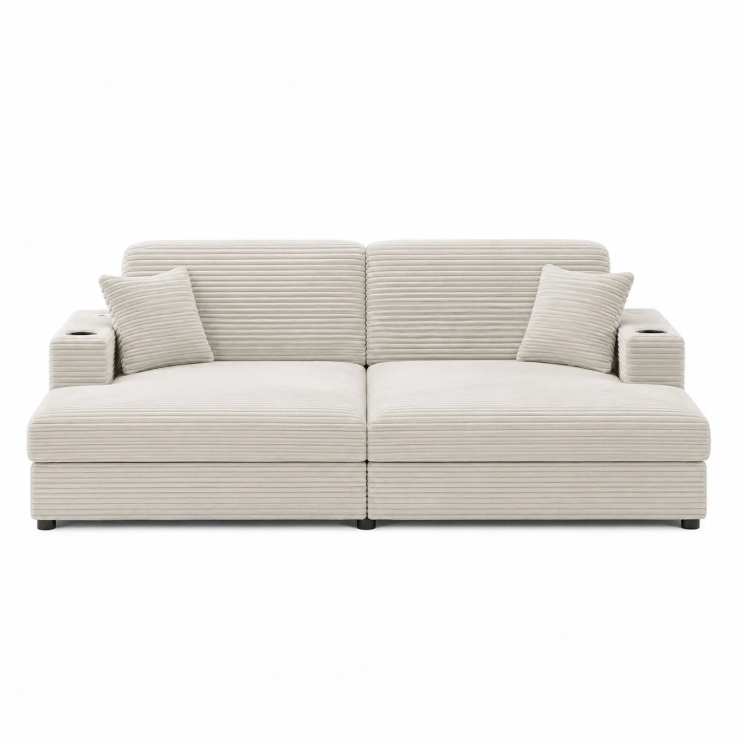 Canapé 3 places en velours côtelé beige avec accoudoirs et coussins