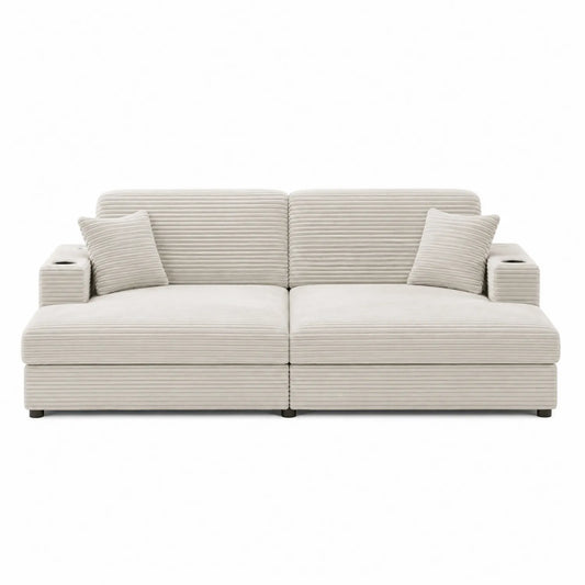 Canapé 3 places en velours côtelé beige avec accoudoirs et coussins
