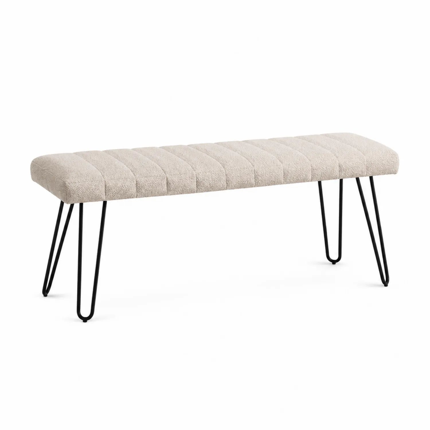 Banc en tissu polyester beige avec pieds en métal noir